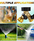Brass Hose Splitter 2 Way With Shut Off Valves Heavy Duty Garden Hose Connector Y Adapter No Leak Includes Washers And Teflon Tape Built Tough For Easy Split And Efficient Water Use. Brass 2-way hose splitter with shutoff valves used for watering, washing, and car cleaning.