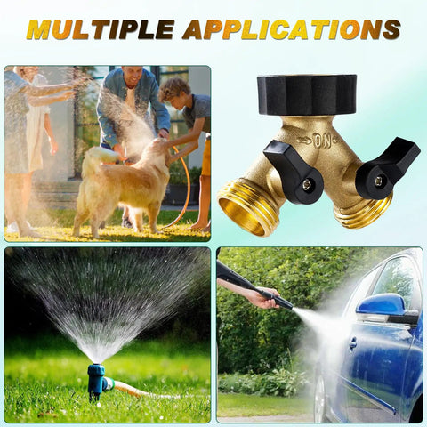 Brass Hose Splitter 2 Way With Shut Off Valves Heavy Duty Garden Hose Connector Y Adapter No Leak Includes Washers And Teflon Tape Built Tough For Easy Split And Efficient Water Use. Brass 2-way hose splitter with shutoff valves used for watering, washing, and car cleaning.