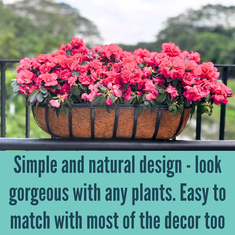 Slap These Black Metal Wall Planters On Any Deck Railing For A Quick Backyard Glow Up With A 2 Pack Of 24 Inch Outdoor Garden Boxes Equipped With Natural Coco Liners For Fence Balcony And Patio Vibes. 24 inch black metal planter box filled with pink flowers.