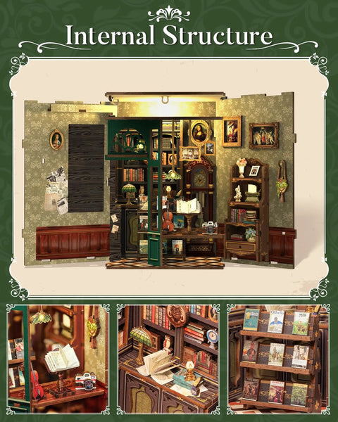 Interior view of Owl Bookstore Book Nook Kit For Beginners And Teens, with shelves, books, and decor in a 3D wooden puzzle kit.