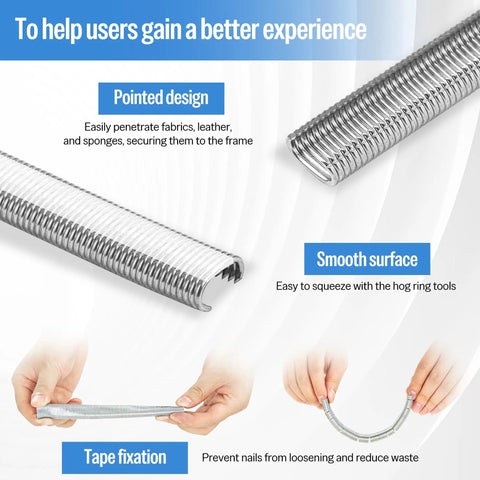 Top Tier 16 Gauge Galvanized Hog Rings And Half Inch C Ring Staples For Bag Sealing showing pointed design, smooth surface, and tape fixation.