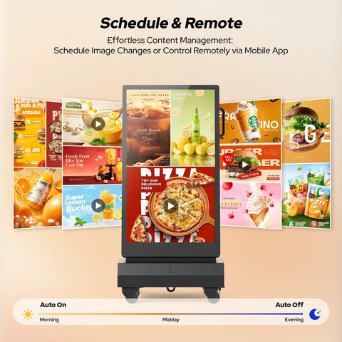Street Smart 43 Inch Outdoor Double Sided Digital Signage showcasing vibrant ads, remote content control, with user interface displayed.