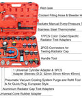 Built Tough 33 Piece Radiator Pressure Tester And Coolant Vacuum Refill Kit With Reliable Pneumatic Bleeder For Swift Fluid Circulation and leak testing kit in red case.