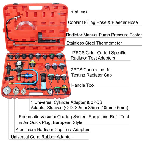 Built Tough 33 Piece Radiator Pressure Tester And Coolant Vacuum Refill Kit With Reliable Pneumatic Bleeder For Swift Fluid Circulation and leak testing kit in red case.