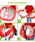 Portable Indoor Golf Chipping Net With Hitting Mat For Backyard Practice showing pop-up setup steps in four images.