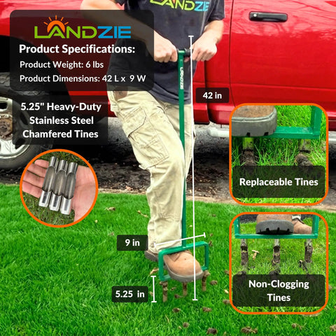 Person using Hollow Tine Lawn Aerator Tool 42 Inch Stainless Steel Manual Core Aerator with beveled tines for soil penetration.