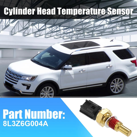 Top Tier Cylinder Head Temperature Sensor 8L3Z6G004A Slick Swap For Ford Crown Victoria showing a black and gold sensor and a vehicle.