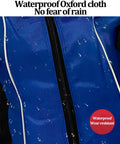 Close-up of waterproof blue Oxford cloth on Fencing Sword Bag With Roller Bottom For Easy Transport And Storage, showing raindrops.