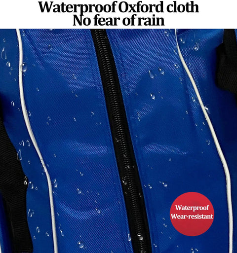 Close-up of waterproof blue Oxford cloth on Fencing Sword Bag With Roller Bottom For Easy Transport And Storage, showing raindrops.