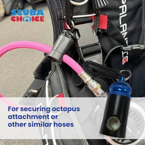 Blue Heavy Duty Regulator Octopus Hose Holder Clip for Scuba Diving Gear securing pink hose on BCD setup