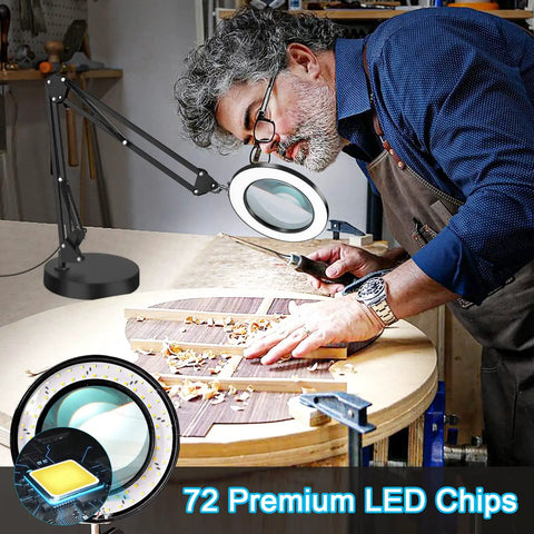 Man using All In One Lighted Magnifier With Stand And Clamp For Close Work, 5X Magnification on woodworking project