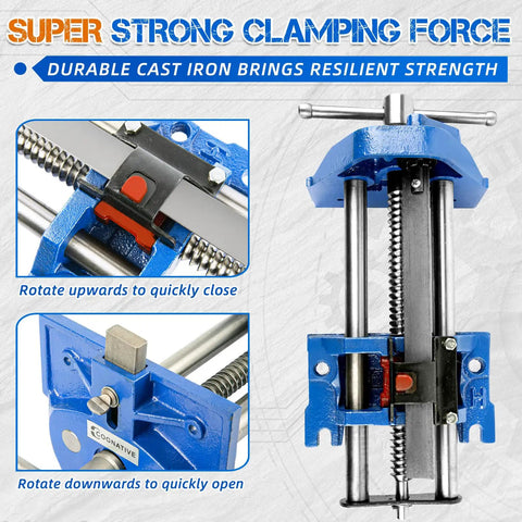 Heavy Duty 7 Inch Quick Release Workbench Vise Rock Solid Ductile Iron Build 3300 Pound Clamping Grip close-up of clamping mechanism