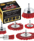 Six Piece Coarse Abrasive Nylon Bristle Cup Brush Set With 1/4 Inch Hex Shank For Angle Grinders and packaging box