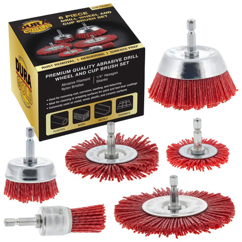 Six Piece Coarse Abrasive Nylon Bristle Cup Brush Set With 1/4 Inch Hex Shank For Angle Grinders and packaging box