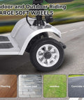 Four Wheel Electric Mobility Scooter For Travel And Everyday Errands With 419 Pound Capacity Foldable Design Rotating 360 Degree Seat Electromagnetic Brake Front Storage Basket UL Certified Safety And Up To 21 Mile Range, close-up of wheels on various surfaces