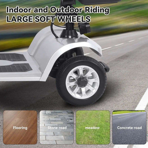 Four Wheel Electric Mobility Scooter For Travel And Everyday Errands With 419 Pound Capacity Foldable Design Rotating 360 Degree Seat Electromagnetic Brake Front Storage Basket UL Certified Safety And Up To 21 Mile Range, close-up of wheels on various surfaces