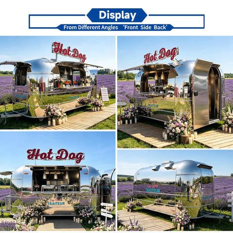 Slick Stainless Steel Food Trailer, 10 Ft Mobile Catering Cart With Mirror Finish, showcasing front, side, and back views.