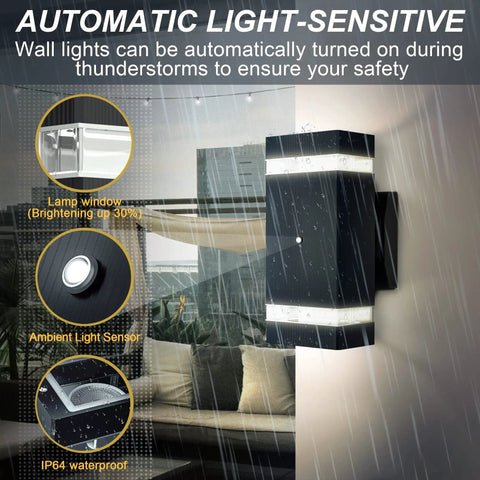 Dusk To Dawn Outdoor Wall Lights Two Pack With UV Sensor, Up And Down Front Porch Sconces in black finish during rain, IP64 waterproof.