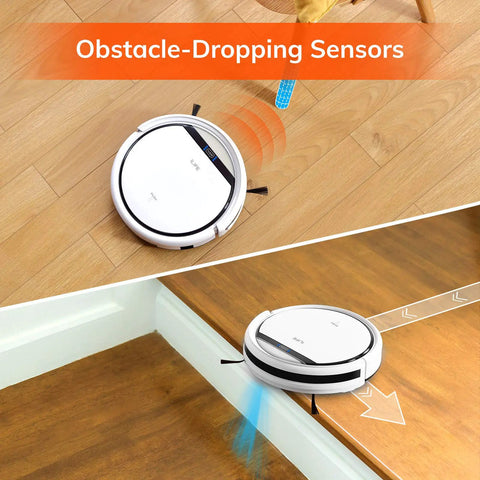V3s Pro Robot Vacuum Cleaner With Tangle-Free Pet Hair Suction demonstrating obstacle sensors on hardwood floor and edge