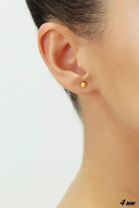 14K Yellow Gold Polished Ball Stud Earrings With Butterfly Pushbacks, 4mm Tiny Spheres, Real Gold Finish, Durable Secure Fit For Everyday Wear, Unisex Go To Minimalist Style, Gift Ready. 4mm gold ball stud in ear