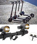 USB Rechargeable LED Headlight For Electric Scooters And Bikes, front light shown on scooters, weatherproof aluminum, ideal for night ride