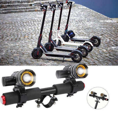 USB Rechargeable LED Headlight For Electric Scooters And Bikes, front light shown on scooters, weatherproof aluminum, ideal for night ride
