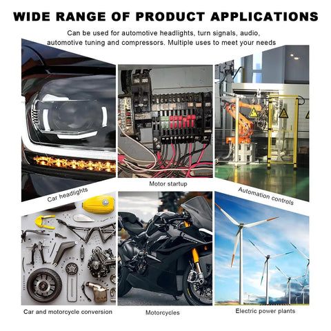Applications of 4 Pack JD2914 Car Relay Harness 24V 40 Amp 5 Pin SPDT, shown in cars, motorcycles, automation, and wind turbines