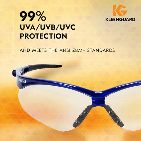 Antifog Safety Glasses Built For The Daily Grind Full Case Bulk Pack With Crystal Clear Lenses And Flexible Metallic Blue Frames for UV protection.