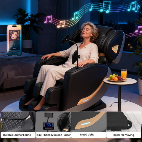 Woman relaxing in Zero Gravity Full Body Massage Chair With Upgraded 10 Roller Shiatsu System, home setting, phone holder visible.