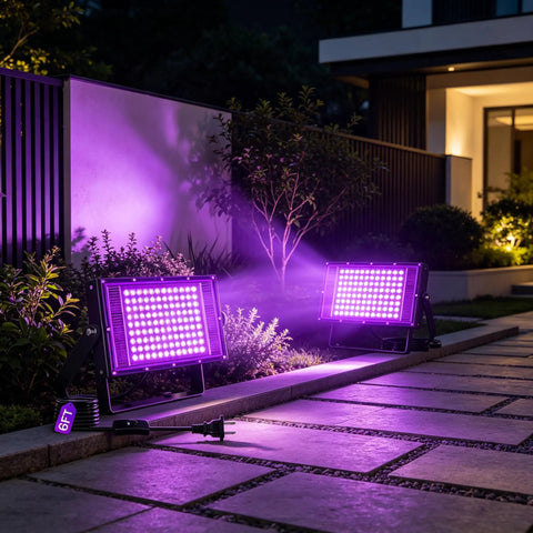 2 Pack 100W Black Light Flood Light Blacklight for Glow Party illuminating outdoor garden with vibrant purple glow.