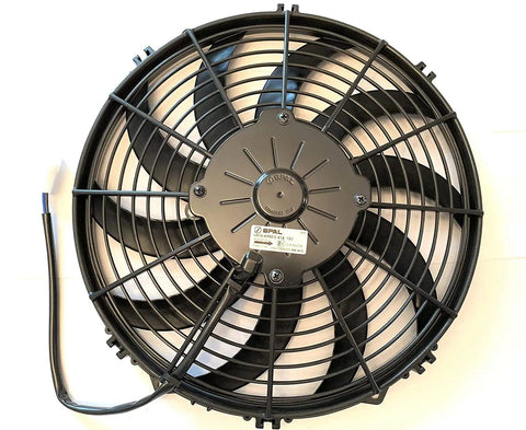 Top Shelf Dual Pack 12 Inch Electric Puller Radiator Cooling Fans Featuring Curved Blades 12 Volt Raw Power 1226 Cfm Airflow top view of single fan