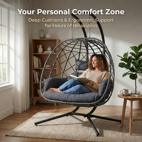 Two Person Outdoor Double Egg Swing Chair With Stand for Patio or Garden in living room, dark grey, woman reading