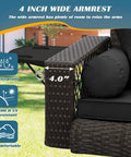 Close-up of 4-inch armrest on Wicker Hanging Porch Swing For Outdoor Patio 3 Seat Bench With Cushions And Chains Cup Holder Garden Yard Lawn Black Brown Rattan Weatherproof Steel Frame.