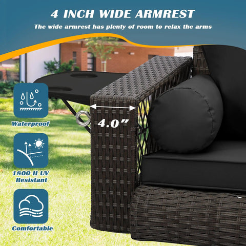 Close-up of 4-inch armrest on Wicker Hanging Porch Swing For Outdoor Patio 3 Seat Bench With Cushions And Chains Cup Holder Garden Yard Lawn Black Brown Rattan Weatherproof Steel Frame.