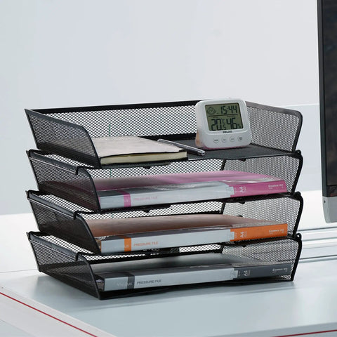 Four Tier Mesh Stackable File Trays for Desk Organization with papers and clock on top, in black metal finish, durable and expandable.