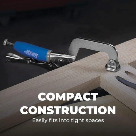 Micro Face Clamp 2 Inch Pocket Hole Clamp for Flush Joints securing wood with adjustable pressure and ergonomic grip in workshop.
