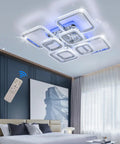 Dope Modern Ceiling Light Fixture with 23.6 Inch LED Panel and Five Square Lamps, remote visible, in a modern bedroom setting