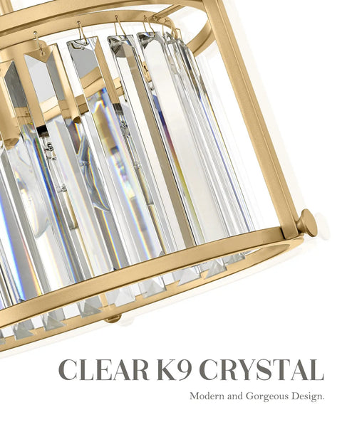 Crystal Semi Flush Mount Chandelier With Gold Finish Open Cylinder Frame Enclosing Clear Crystals Modern Ceiling Light Fixture for Bedroom Kitchen Laundry Entryway 11 Inch Bling Sparkle For Any Room close-up showing K9 crystals and gold frame.
