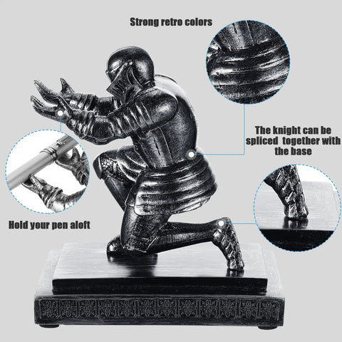 Knight pen holder with two pens and resin desk organizer for men showing detailed view of knight in armor holding a pen