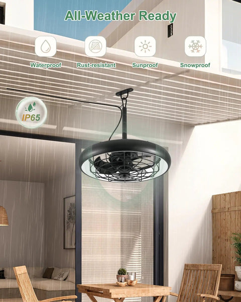 20 Inch Outdoor Ceiling Fan With Lights RGB And 3 CCT Dimmable Remote App Control 6 Speed IP65 Waterproof Plug In Black Caged Ceiling Fan in patio