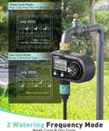 Three Program Garden Hose Sprinkler Timer With Brass Inlet showing digital display and frequency modes in garden setting
