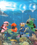 Floating Diver Aquarium Decor 4 Pack, Cute Little Diver Toys in colorful suits with coral background and shark, Totally Durable Resin