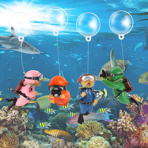 Floating Diver Aquarium Decor 4 Pack, Cute Little Diver Toys in colorful suits with coral background and shark, Totally Durable Resin