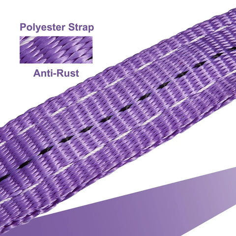 Beefed Up Heavy Duty Chain Sling Kit For Lifting And Towing, 5 Ft Four Leg G80 Alloy Steel Chain With Grab Hooks, Adjustable Length And Angle, 6610 Lbs Capacity, Polyester Strap Hoist Sling, Durable Lift System. Purple polyester strap close-up, anti-rust