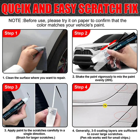 Steps to use Toyota Ice Cap And Super White 040 Touch Up Paint Kit For Cars 2 In 1 Scratch Remover Pen on vehicle scratches.