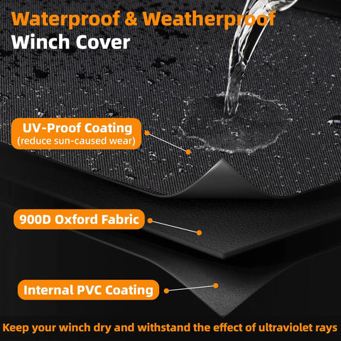 Savage MUAKIOY Winch Cover Heavy Duty Waterproof Protection For 12K Off Road Electric Winches showing 900D Oxford fabric with water droplets.