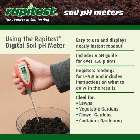 Hand using Digital Soil pH Meter For Easy Garden Testing With Instant Readouts From 3.5 To 9.0, Soil Only Design.