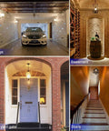 Collage of spaces including a garage, basement, front yard gate, and stairs, showcasing potential uses for Dusk To Dawn Smart Sensor Light Bulbs 12W 100W Equivalent E26 Cool White 6000K 1000LM Auto On Off Outdoor Indoor Security Lighting For Porch Garage Garden Patio 2 Pack.