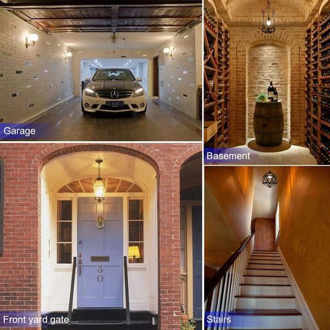 Collage of spaces including a garage, basement, front yard gate, and stairs, showcasing potential uses for Dusk To Dawn Smart Sensor Light Bulbs 12W 100W Equivalent E26 Cool White 6000K 1000LM Auto On Off Outdoor Indoor Security Lighting For Porch Garage Garden Patio 2 Pack.