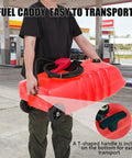 Person carrying 14 Gallon Gas Caddy With Transfer Pump And 10 Foot Hose Portable Fuel Tank For Lawn Mower Farm Boat And Home Use No Spill Brass Valves